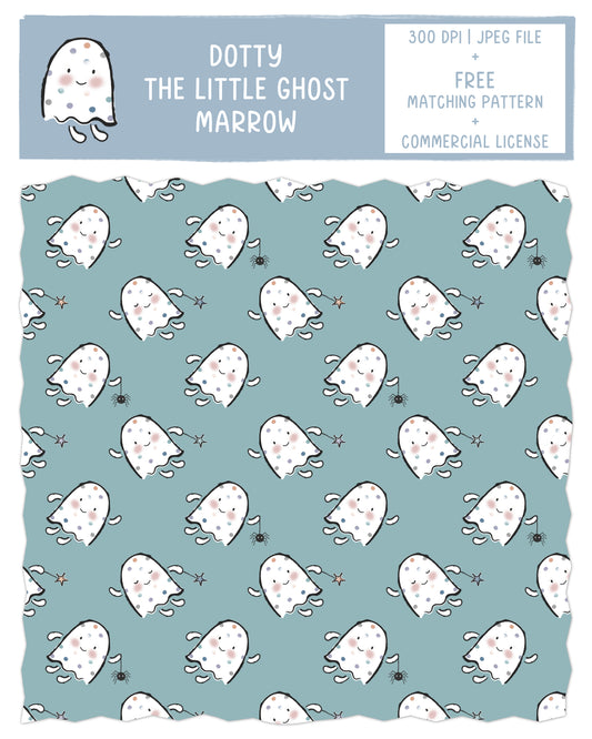 Dotty the Little Ghost Halloween Seamless Pattern Design In Marrow