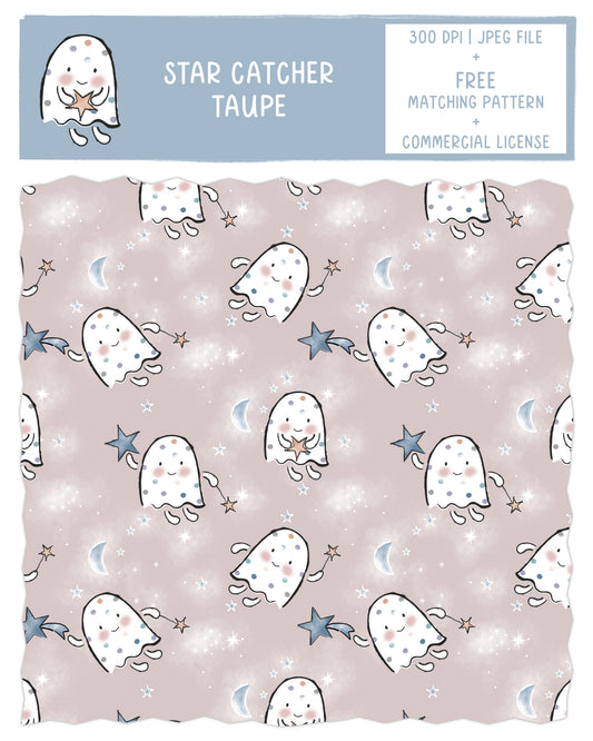 Star Catcher Halloween Seamless Pattern Design In Taupe