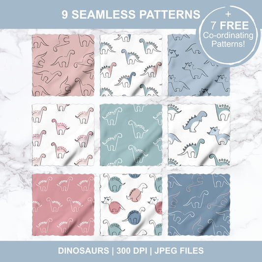 9 Dinosaur Kids Seamless Pattern Designs + 7 FREE Co-ordinating Patterns