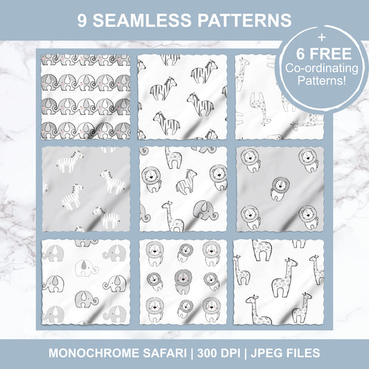 9 Safari Animals Kids Seamless Pattern Designs + 6 FREE Co-ordinating Patterns