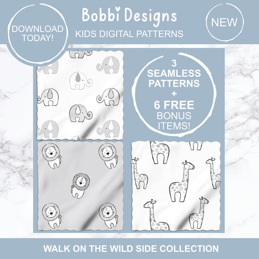 3 Safari Animals Kids Seamless Pattern Designs + 6 FREE Co-ordinating Patterns