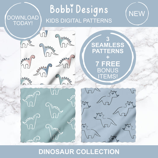3 Dinosaur Kids Seamless Pattern Designs + 7 FREE Co-ordinating Patterns