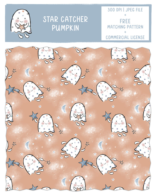 Star Catcher Halloween Seamless Pattern Design In Pumpkin