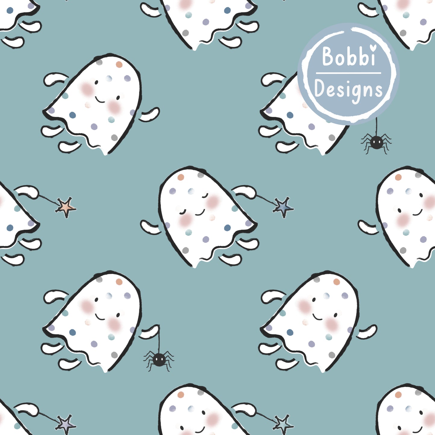 Dotty the Little Ghost Halloween Seamless Pattern Design In Marrow